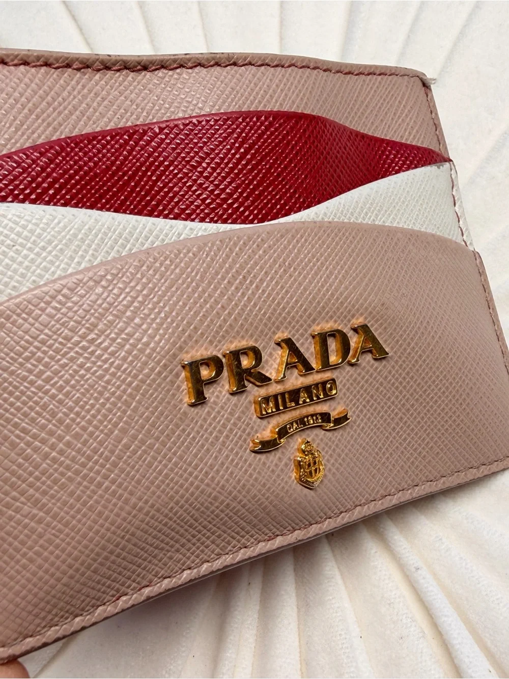 Prada Saffiano Leather Card Holder in Taupe with Red and Cream Accents